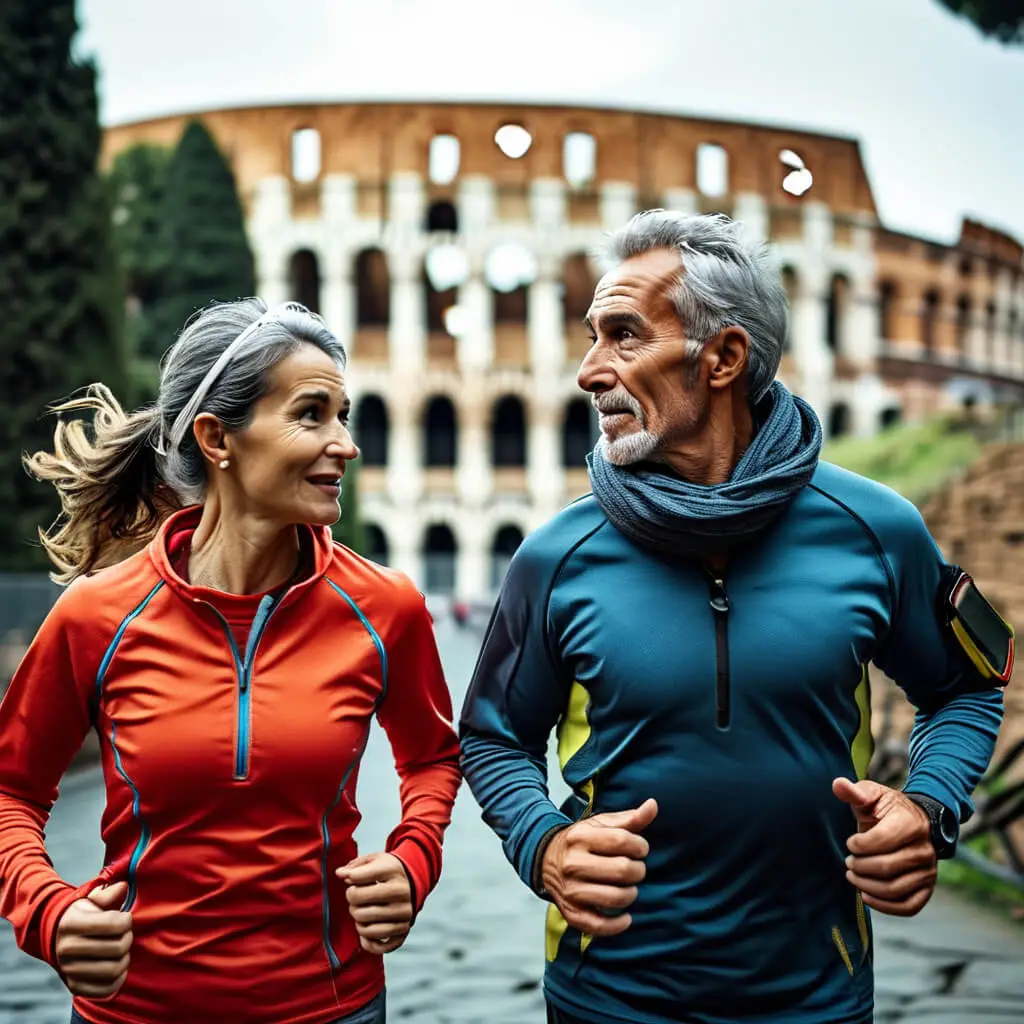 A middle age man and woman runiing with the Colusseum in Rome in the background