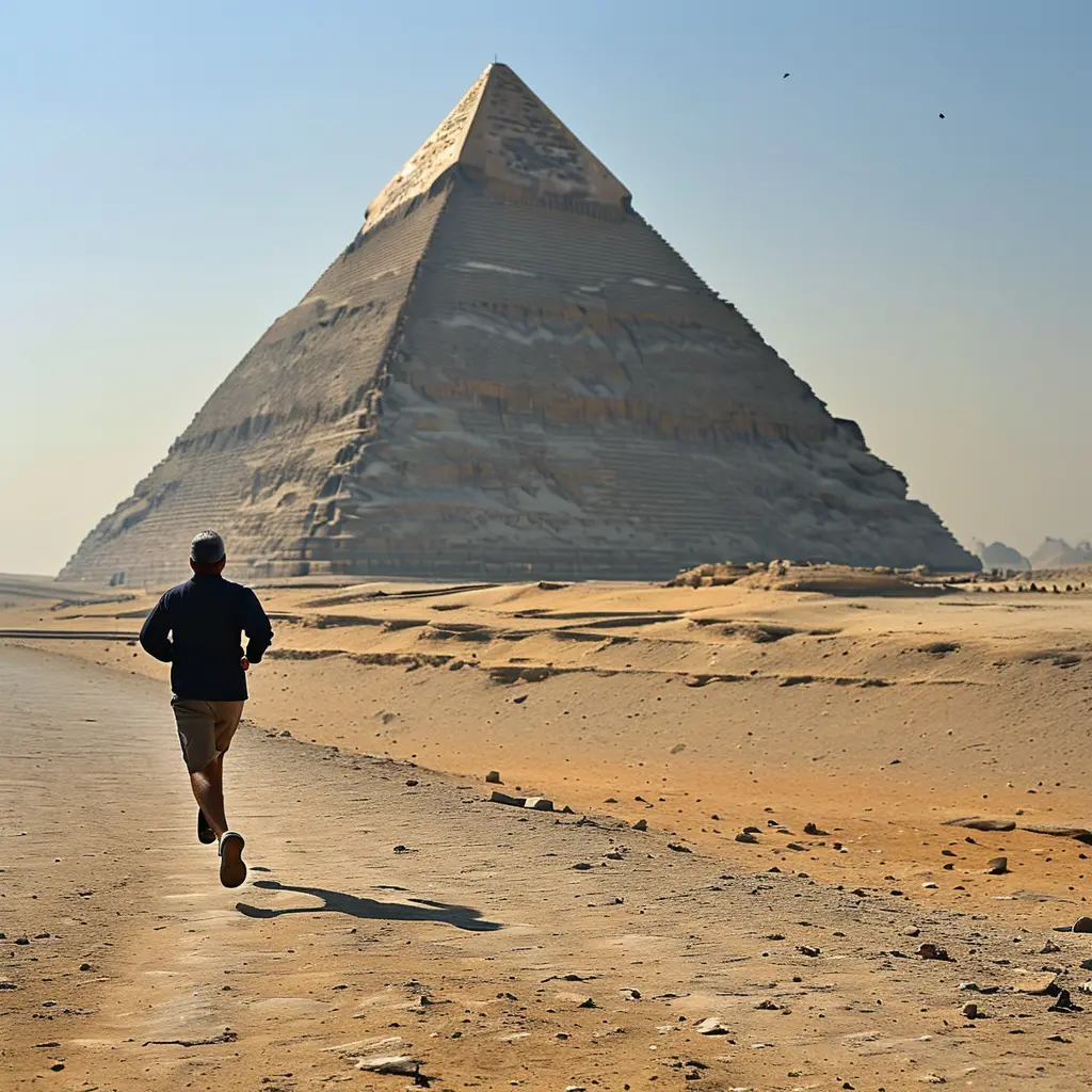 Monumnetal Exercise - A man running around the pyramid at Giza